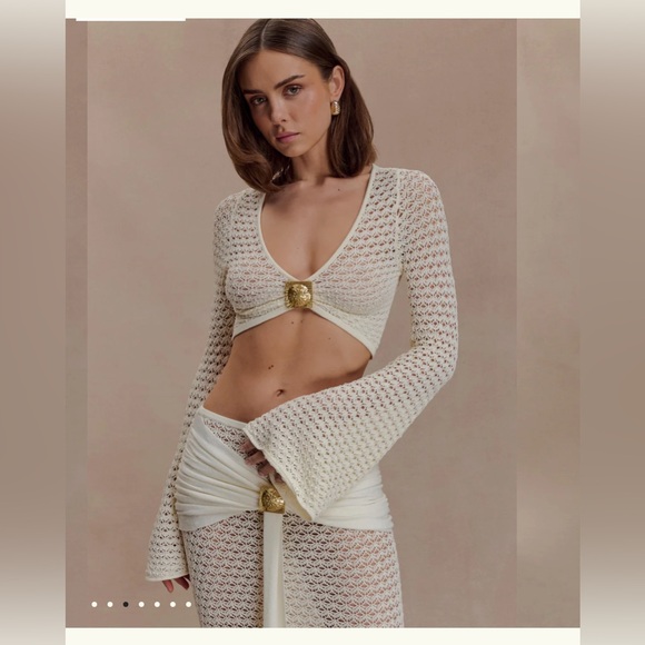 Meshki Mania Crochet SET Long Sleeve Cropped Top and skirt- Ivory size small - Picture 4 of 5
